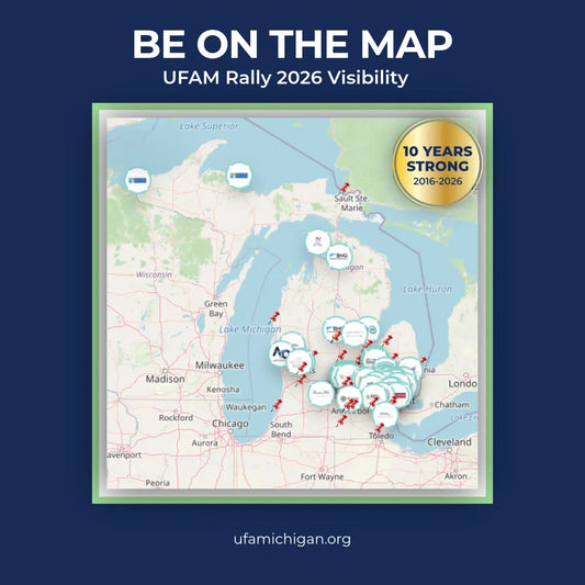 Map of the Midwest with locations marked, celebrating 10 years of UFAM Rally 2026 Visibility.
