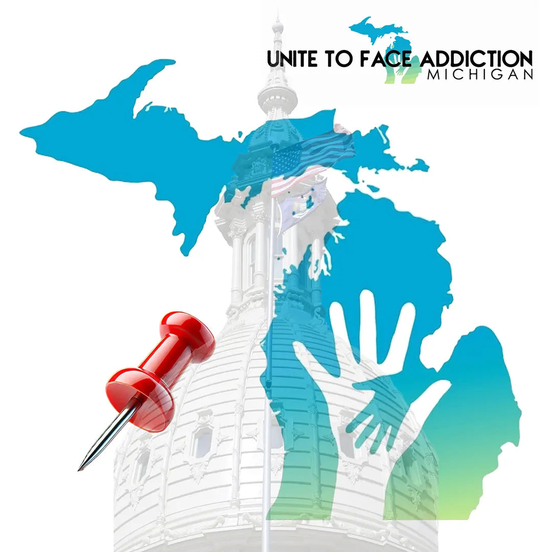 Map of Michigan with a red pushpin, a hand, and text 'Unite to Face Addiction Michigan' on a white background.
