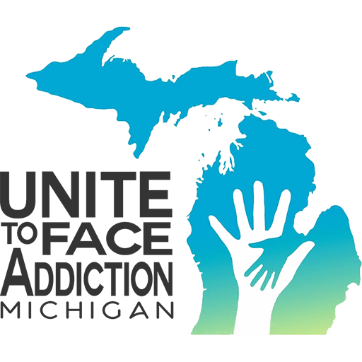 Logo with a map of Michigan and hands, featuring the text 'Unite to Face Addiction Michigan'.