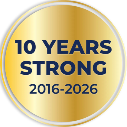 Gold badge celebrating 10 years of strength from 2016 to 2026
