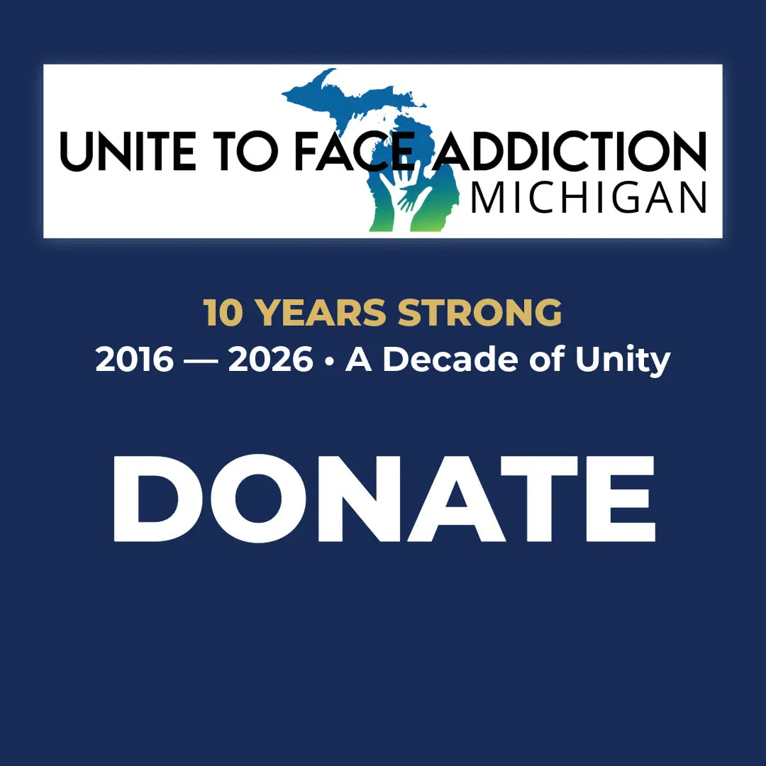 Promotional graphic for Unite to Face Addiction Michigan with donation callout on a blue background