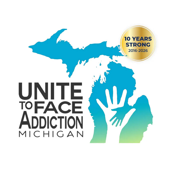 Logo for Unite to Face Addiction Michigan with a map of Michigan and two hands, featuring a &#39;10 Years Strong&#39; badge.
